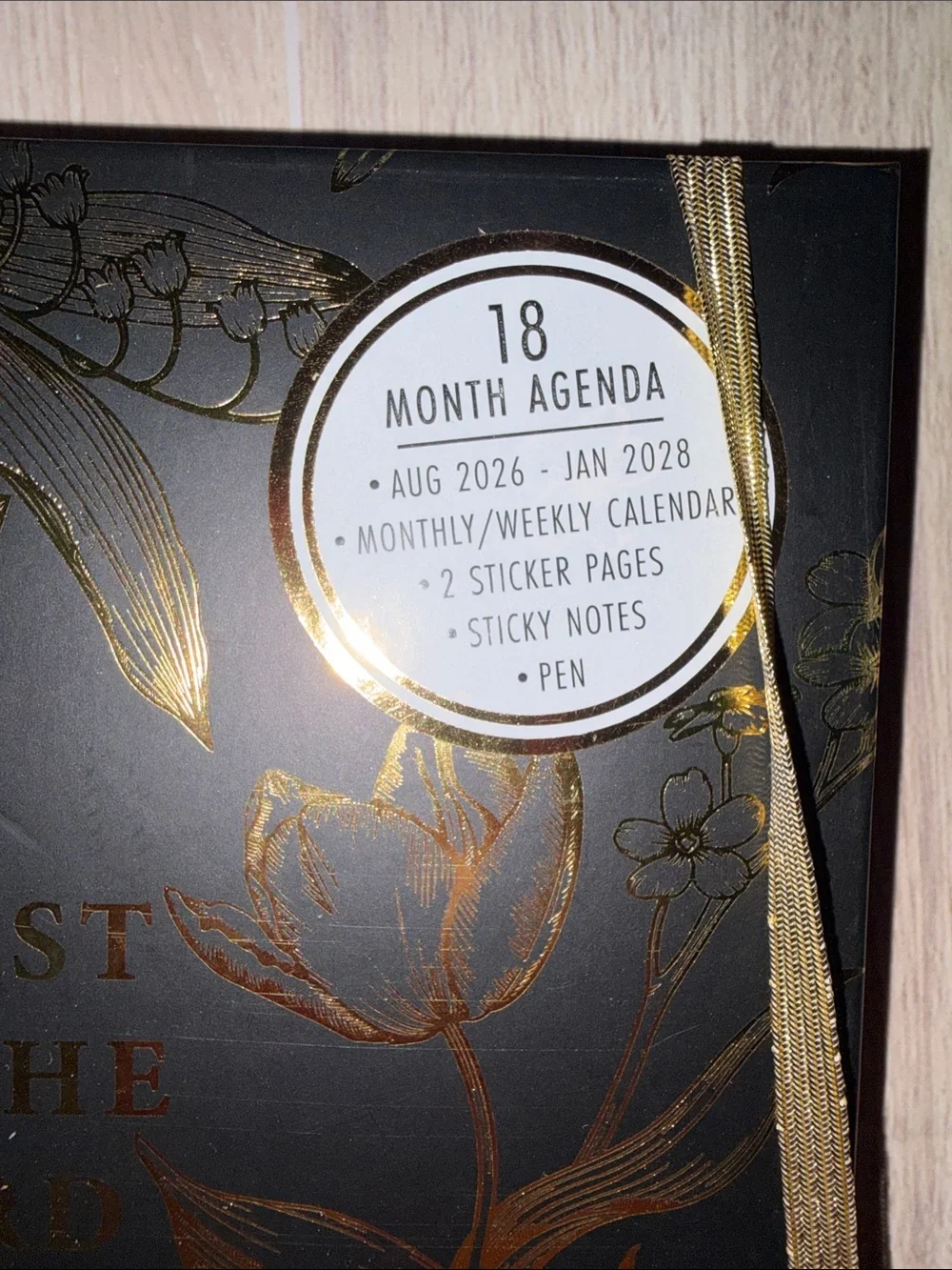 Faith-Inspired 2026-2027 Black & Gold Floral Planner with Gold Pen